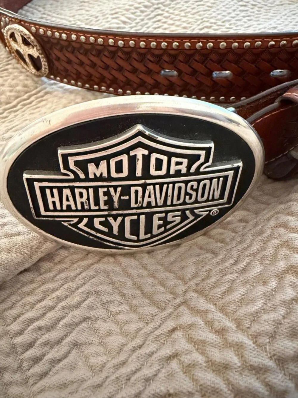Harley Davidson Mens Calf Hair Tooled Studded Belt Buckle Ranger Size 36 Moto